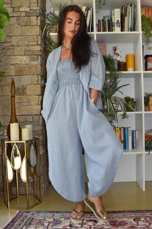 Arbi Gingham Shirring Bandeau Jumpsuit Denim